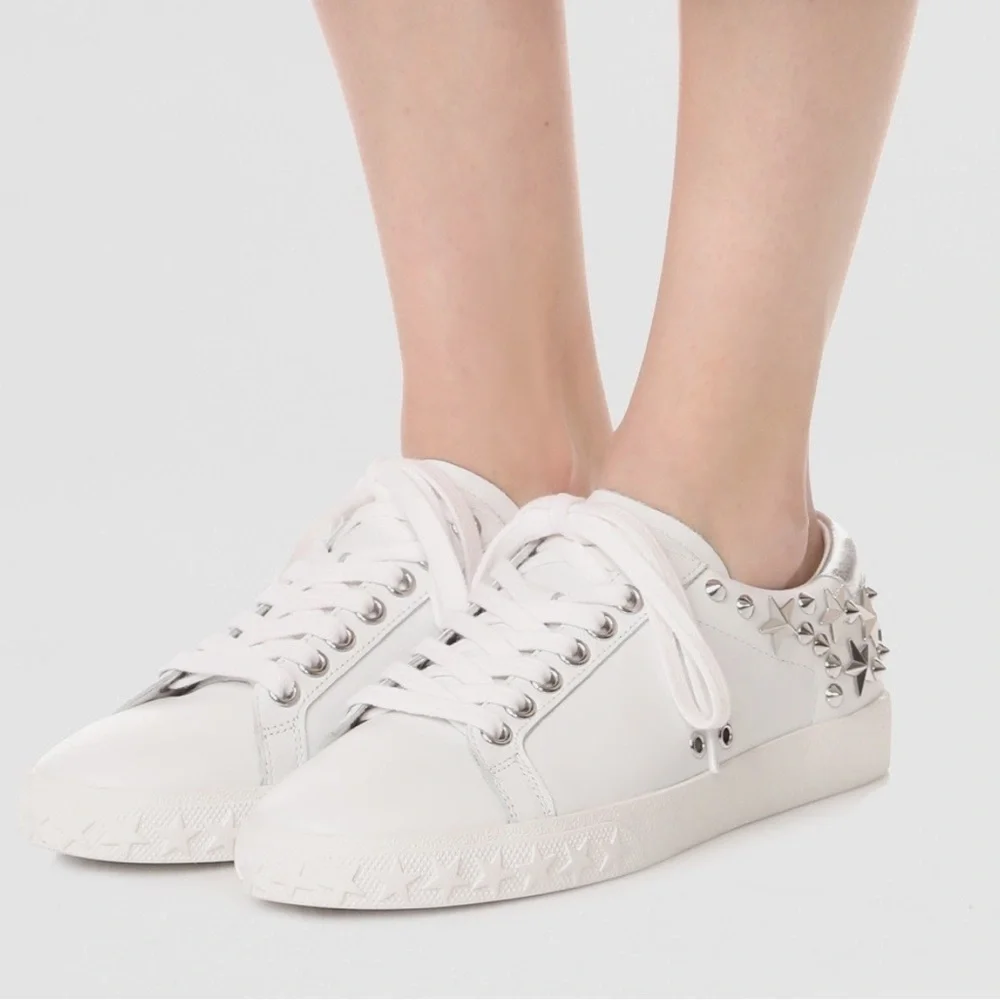 ASH Brand Women's Dazed Stars & Studs Leather Shoes Sneakers White Silver Sz 37